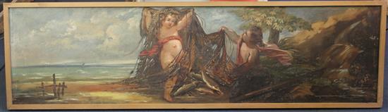 English School c.1900 Putti in classical landscapes, 17.5 x 66.5in, one 17.5 x 64in.